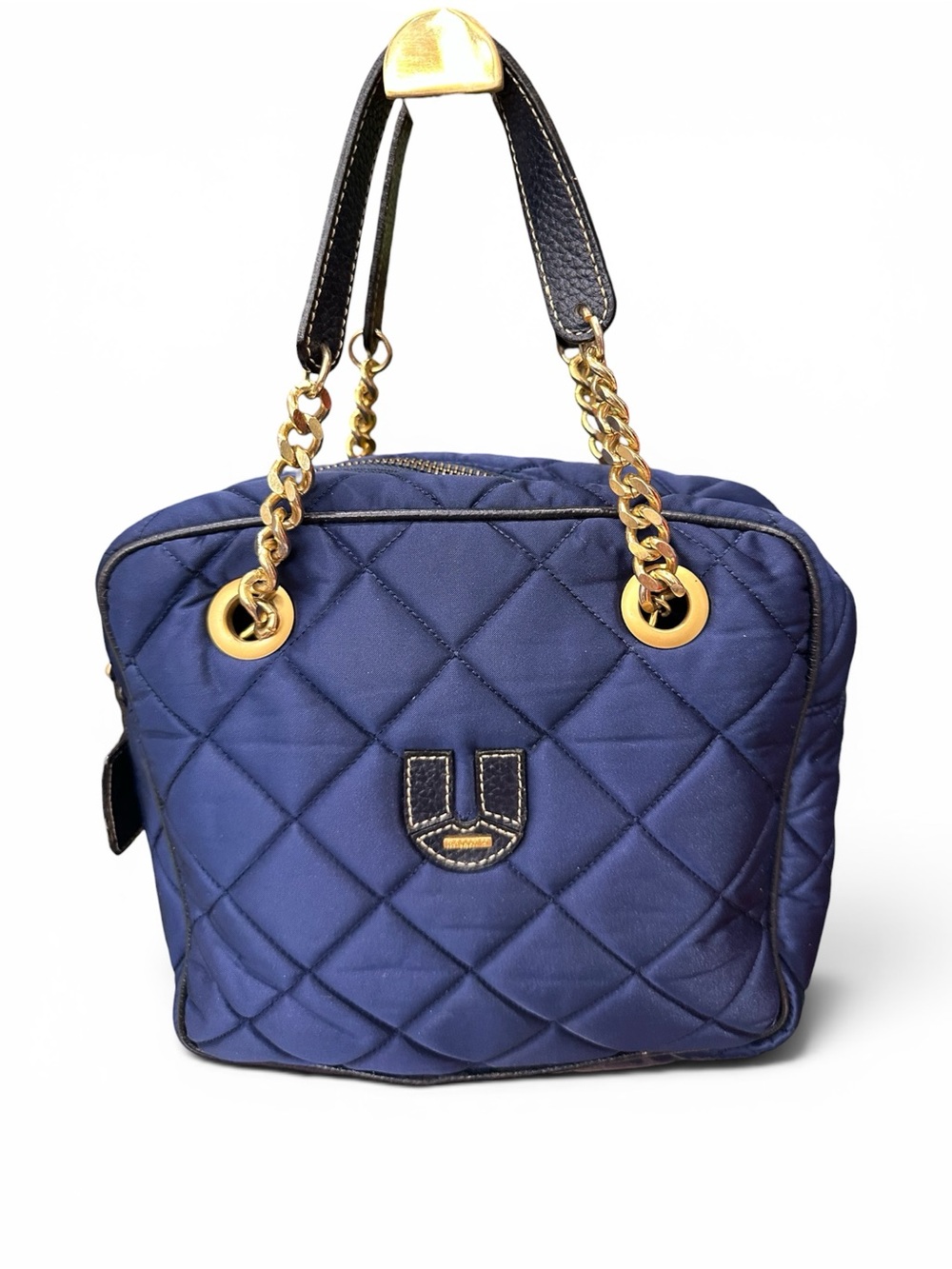 Vintage Bally Collection Navy Quilted Nylon Chain Tote Bag Gold Hardware